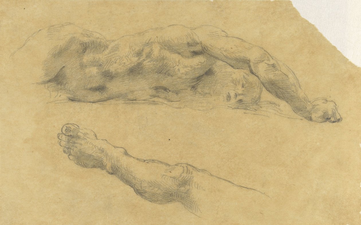 Homem nu reclinado; sua perna separadamente de Eugène Delacroix