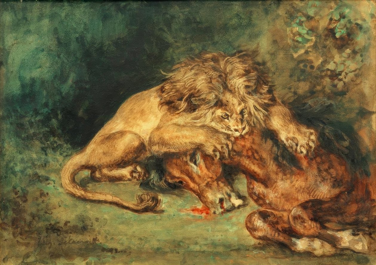 Leão, rasgando um cavalo de Ferdinand Victor Eugene Delacroix