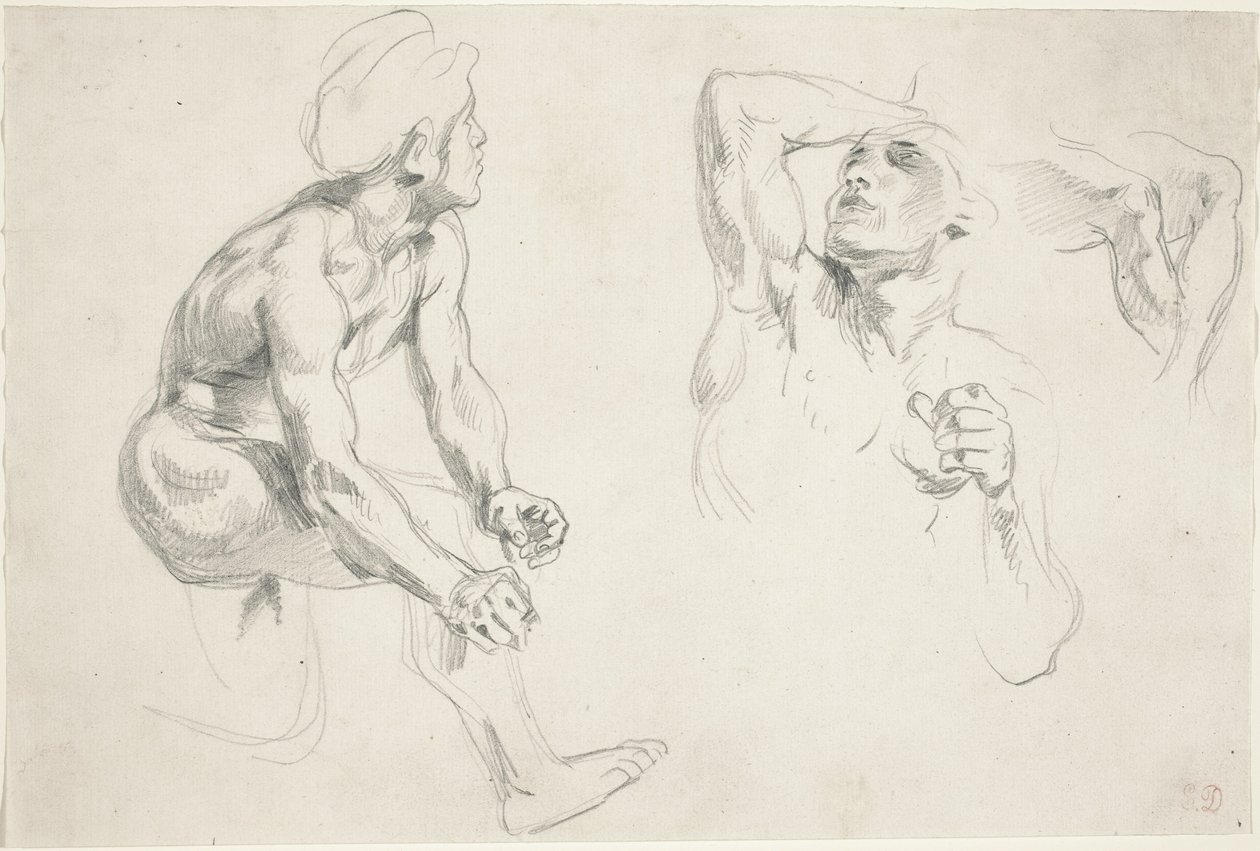 Nu masculino posando para figuras no Frise de la Guerre, c. 1835. de Eugène Delacroix