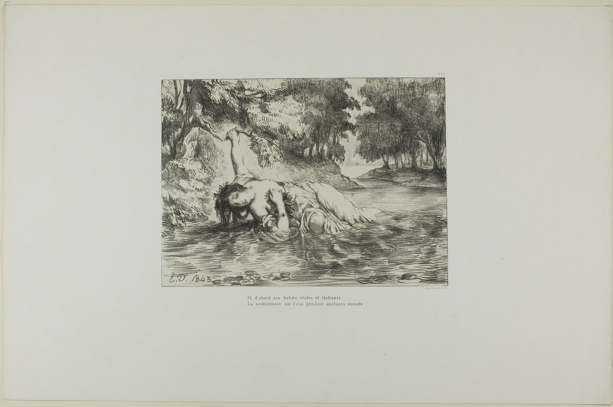 A morte de Ofélia, prato 13 de Hamlet de Eugène Delacroix