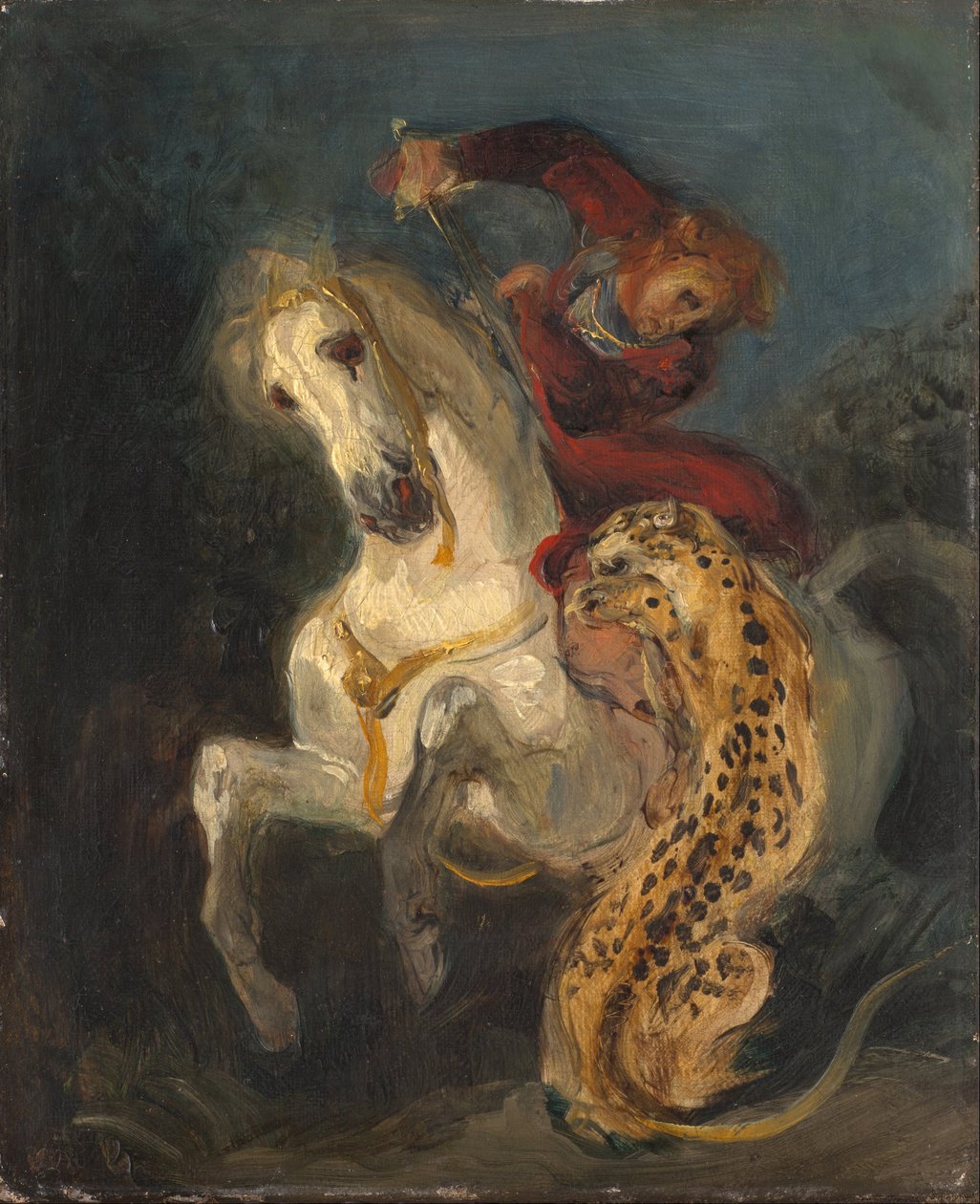 Cavaleiro atacado por um jaguar de Ferdinand Victor Eugene Delacroix