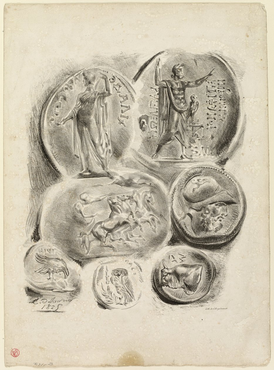Folha de sete medalhas antigas de Eugène Delacroix