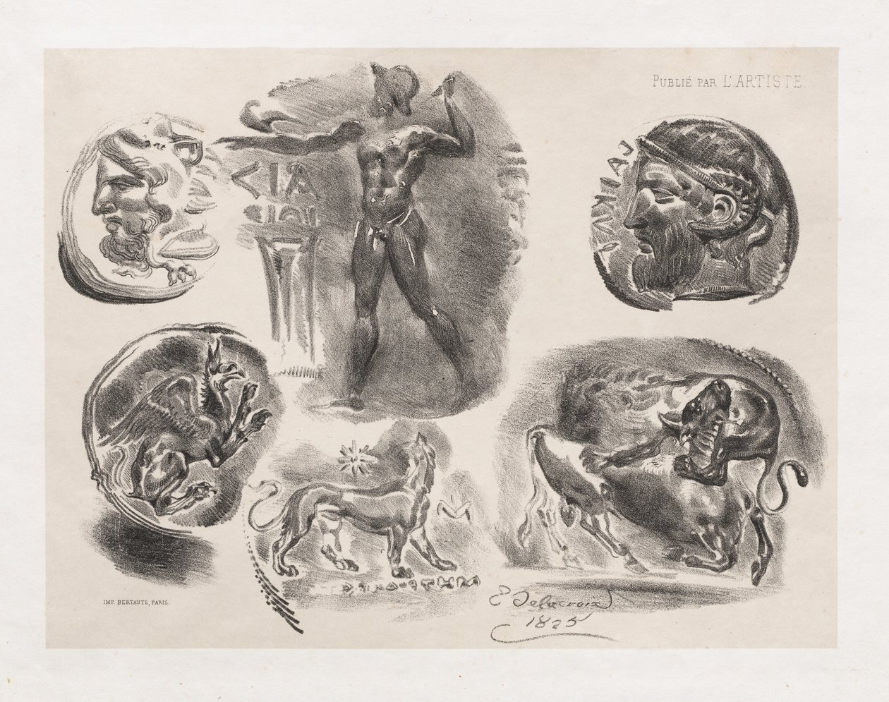 Folha de seis moedas antigas de Eugène Delacroix