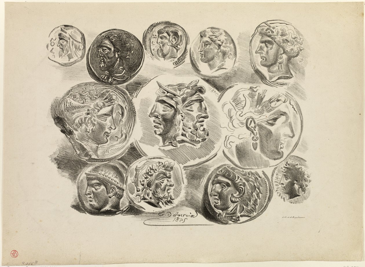 Folha de doze medalhas antigas de Eugène Delacroix