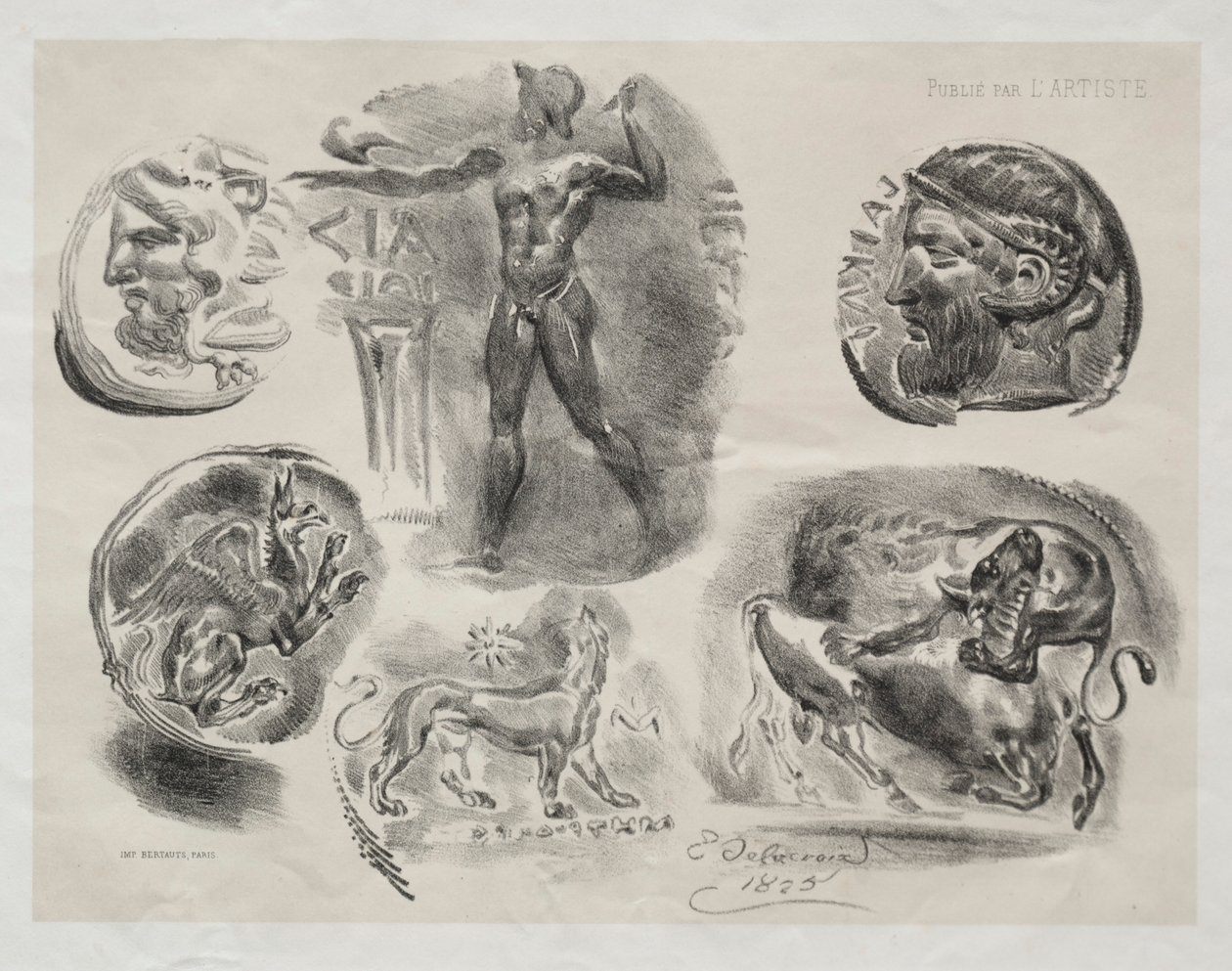 Folha com seis medalhas antigas de Eugène Delacroix