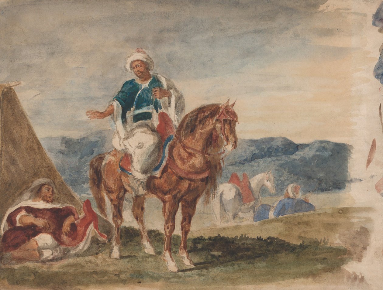 Três cavaleiros árabes em um acampamento, 1832-37. de Eugène Delacroix