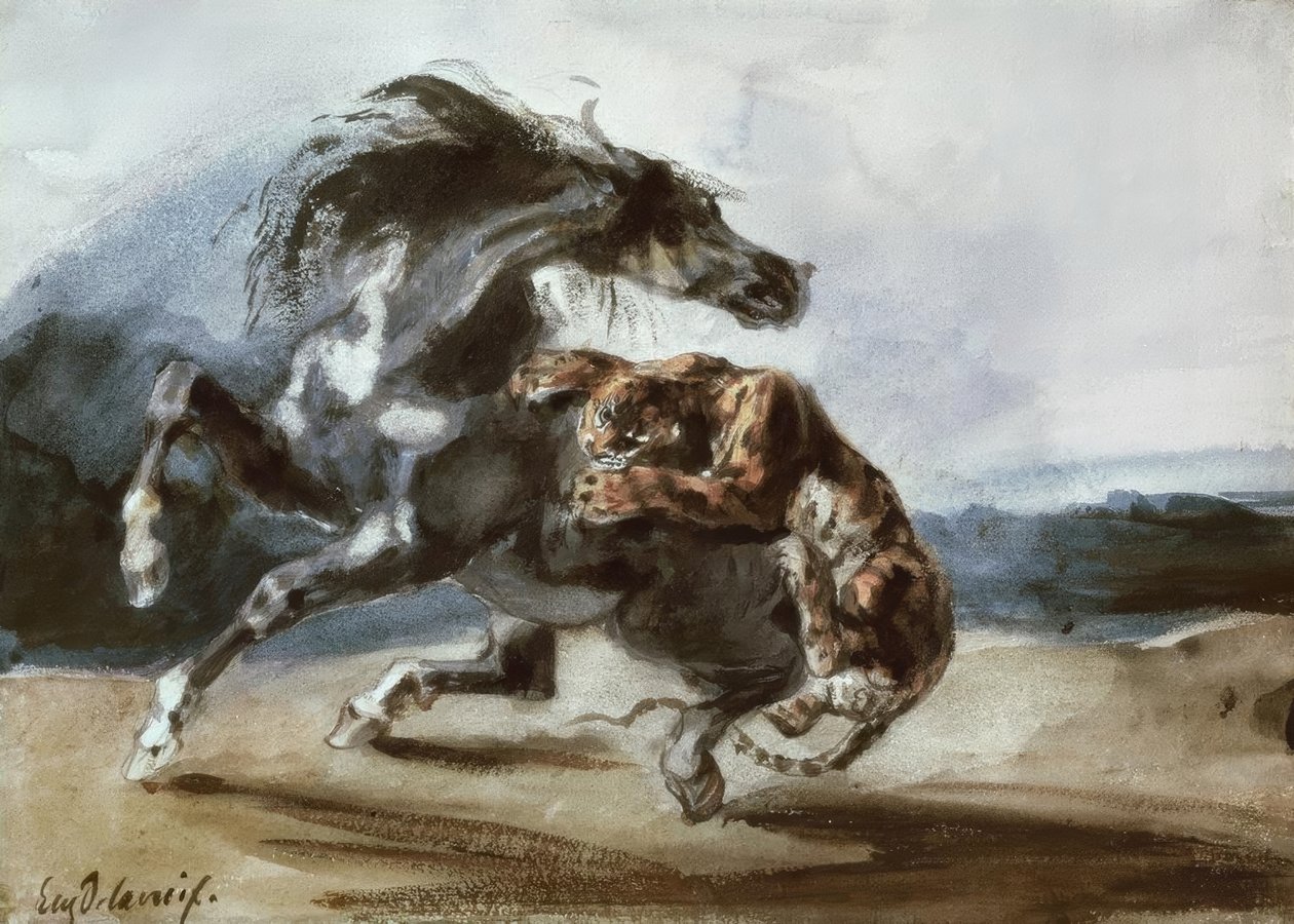 Tigre atacando um cavalo selvagem de Ferdinand Victor Eugene Delacroix