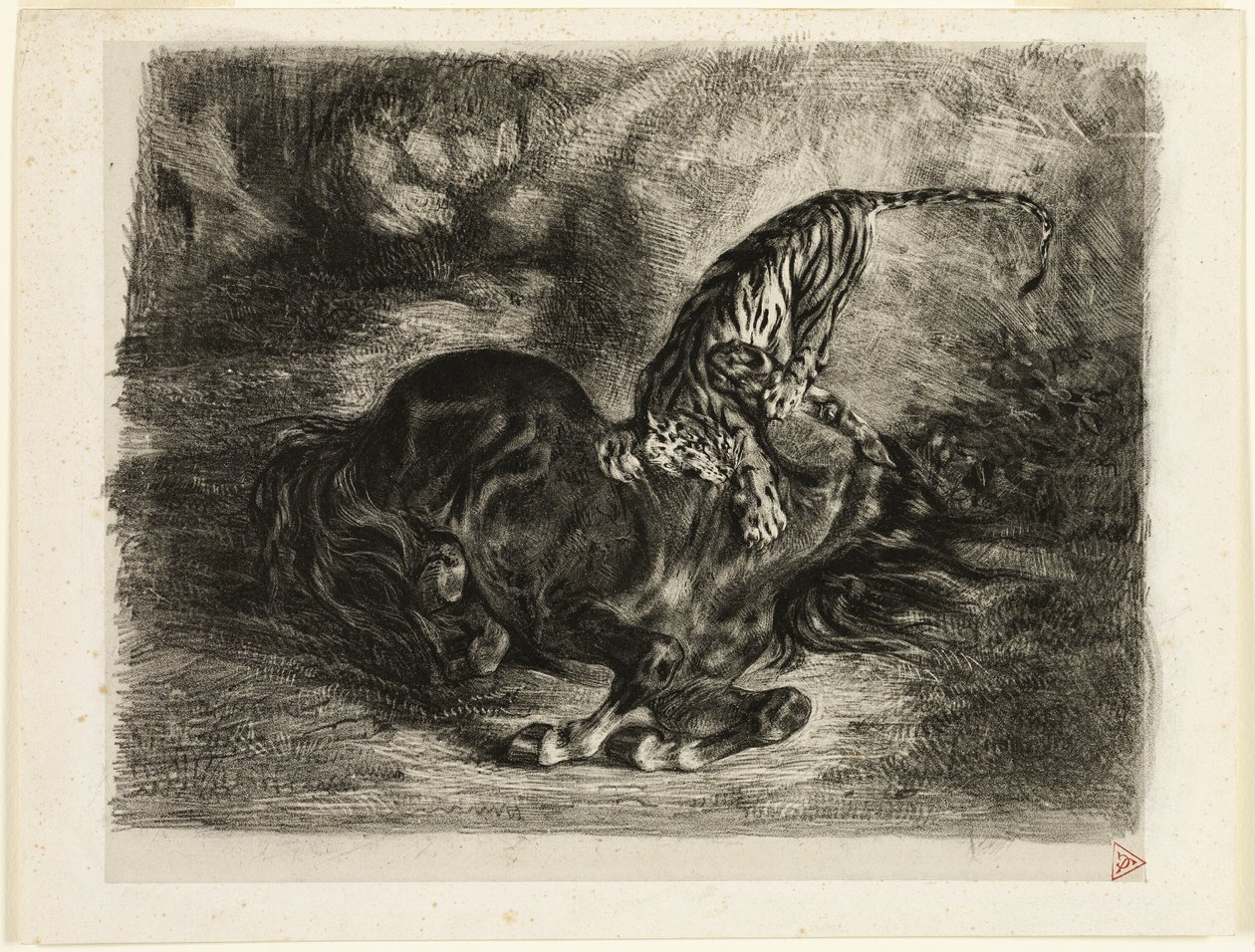 Cavalo selvagem derrubado por um tigre de Eugène Delacroix