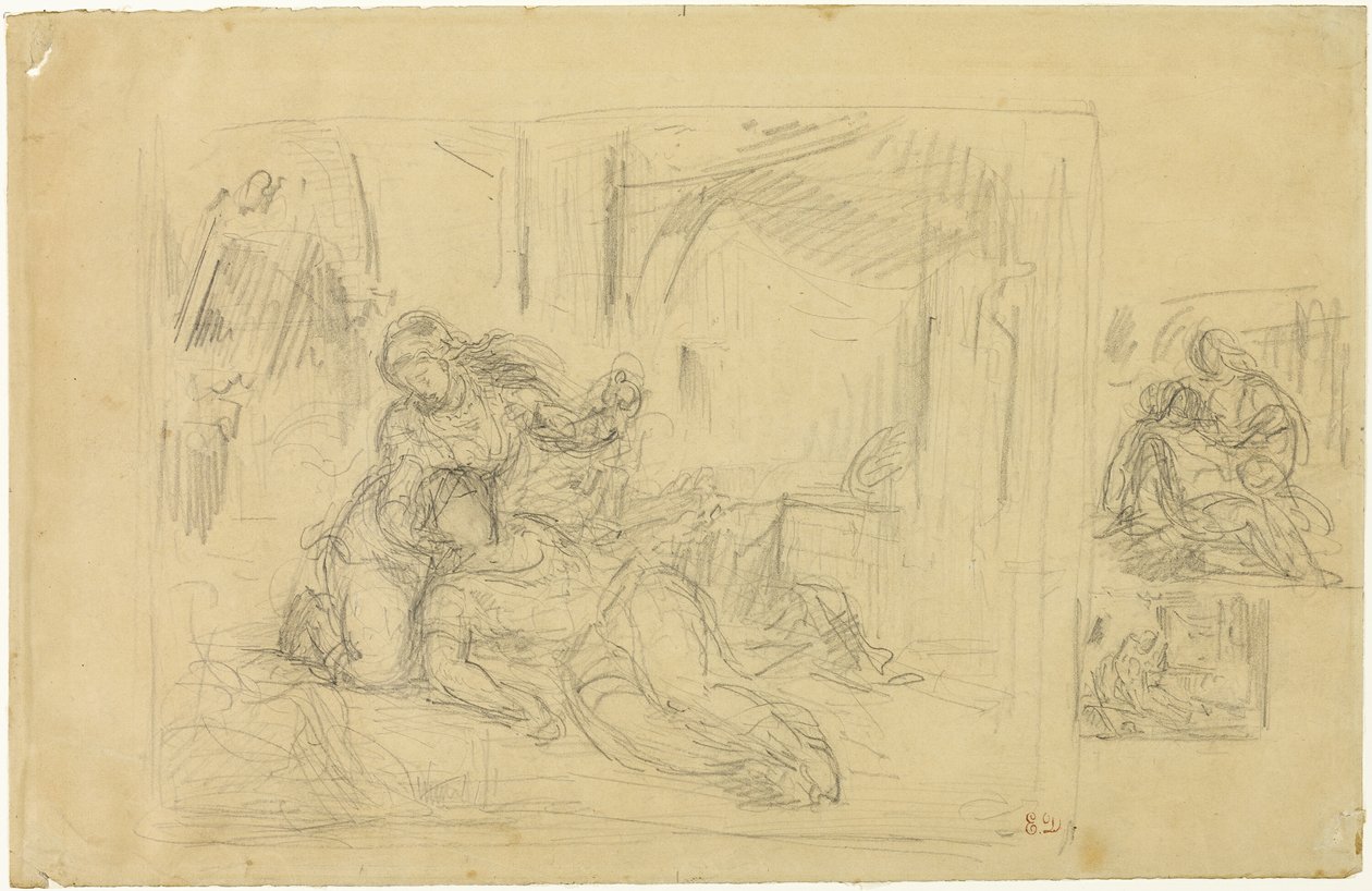 Mulher morrendo (?), Homem no quarto, dois esboços do mesmo de Eugène Delacroix