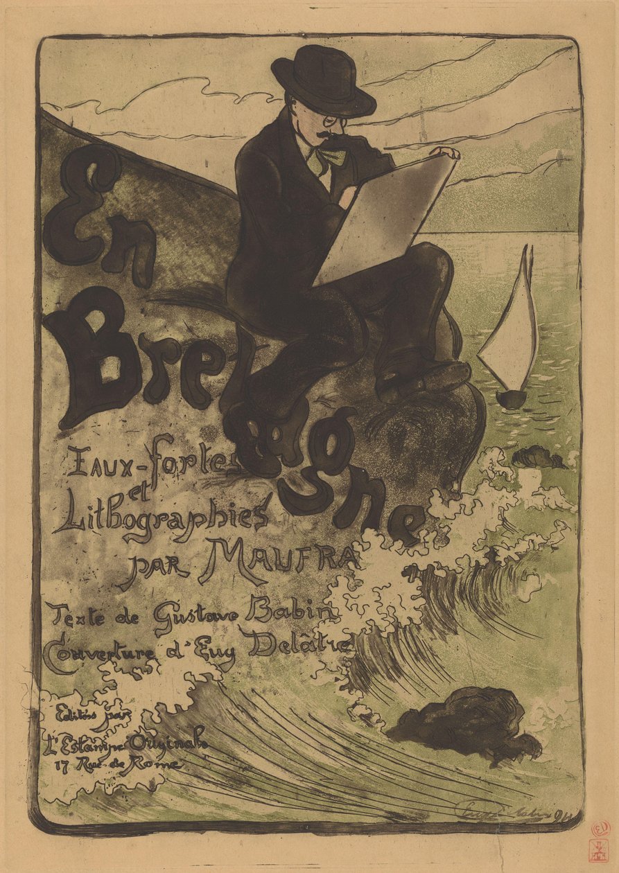 Retrato de Maxime Maufra desenhando em uma rocha E Brittany (título no objeto) de Eugène Delâtre