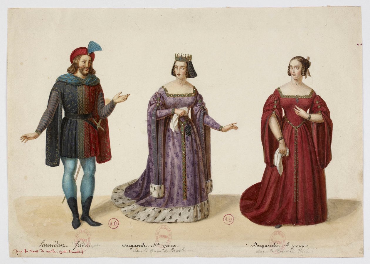 Figurinos - Frederic Lemaitre como Buridan, Mlle George como Marguerite de Bourgogne (La Tour de Nesle, setembro de 1832) de Eugène Du Faget