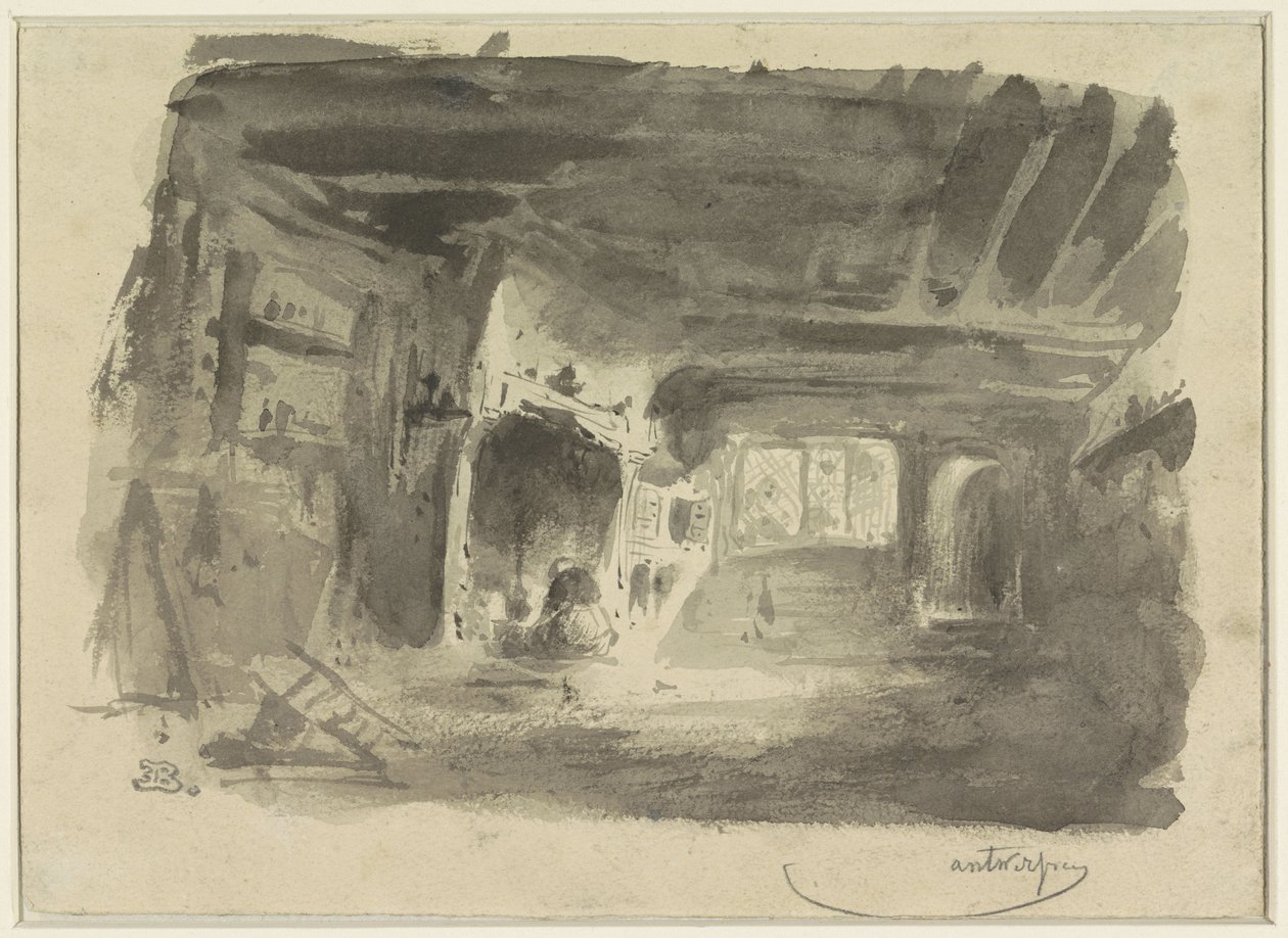 Interior com mulher ajoelhada em frente à lareira de Eugène François de Block