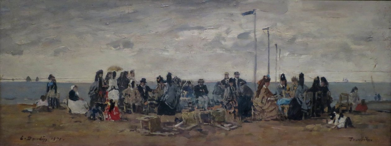 Kotava: "Piludafa nakila, Trouville (3) (trutca ke Boudin)"
Francês: Trouville. Cena de praia de Eugene Louis Boudin