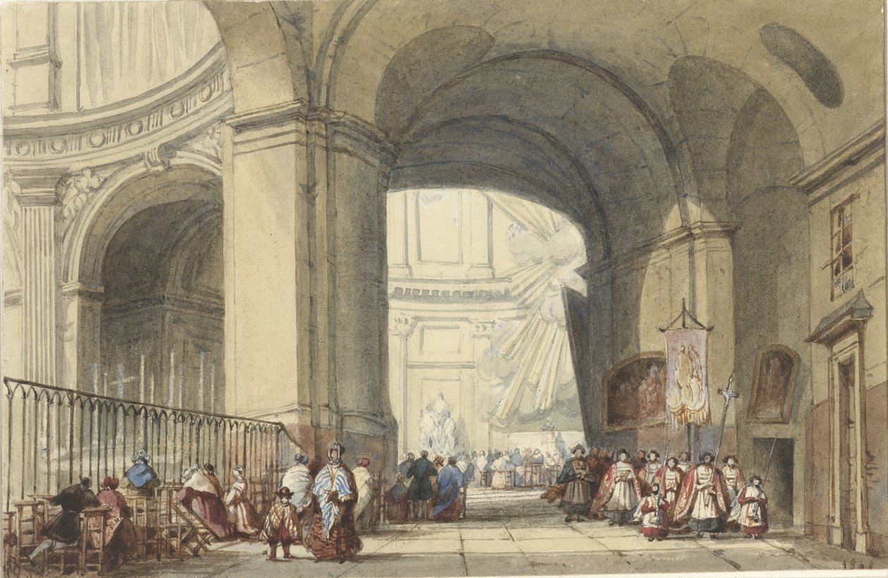 Interior da S. Roche em Paris, com uma procissão em primeiro plano de Eugène Louis Lami (possibly)