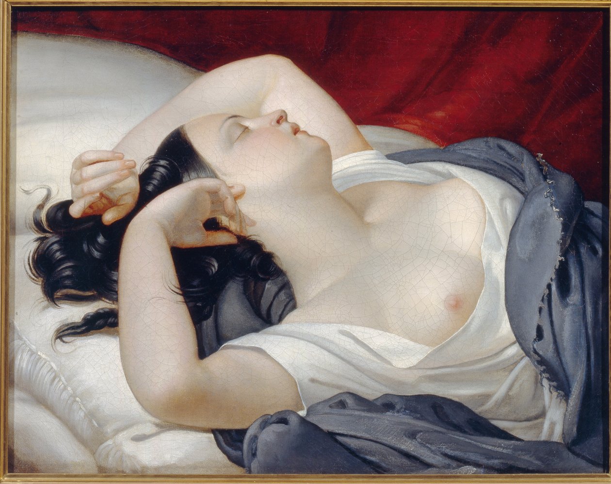 Mulher italiana adormecida. Bela mulher de olhos fechados e peito descoberto, dormindo lascivamente à beira da cama. Pintura por Eugene Pluchart (1809-1880), óleo sobre tela, cerca de 1840. Arte francesa de Eugéne Pluchart