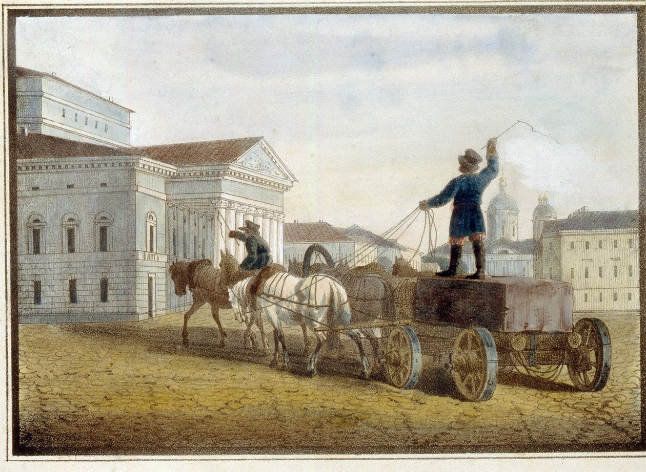 Transporte de blocos de granito para a praça do teatro em São Petersburgo. Obra de Eugene Pluchart (1809-1880), aquarela sobre litografia de Eugéne Pluchart