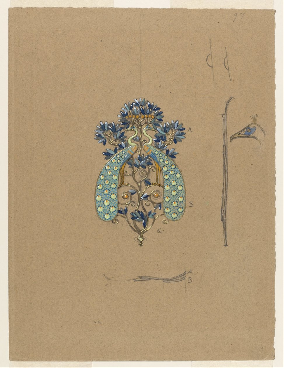 Design para uma fivela de cinto com motivo pavão de Eugene Grasset