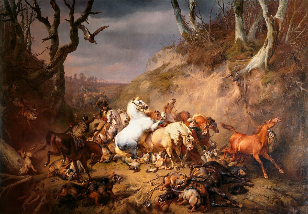 Lobos famintos atacando um grupo de cavaleiros de Eugène Verboeckhoven