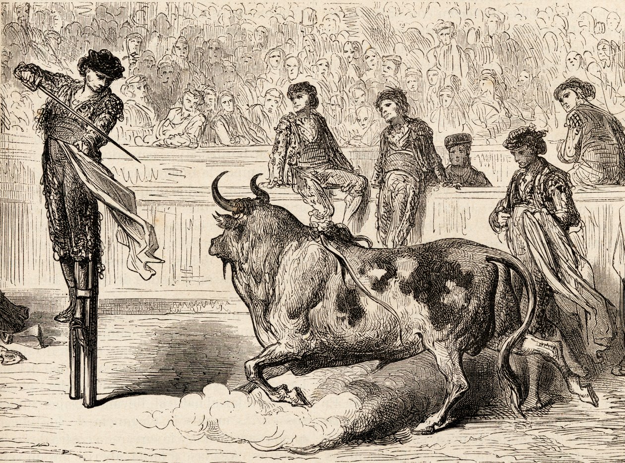 Um toureiro estava sobre palafitas em Sevilha, Espanha, 1878 (gravura em madeira) de European School