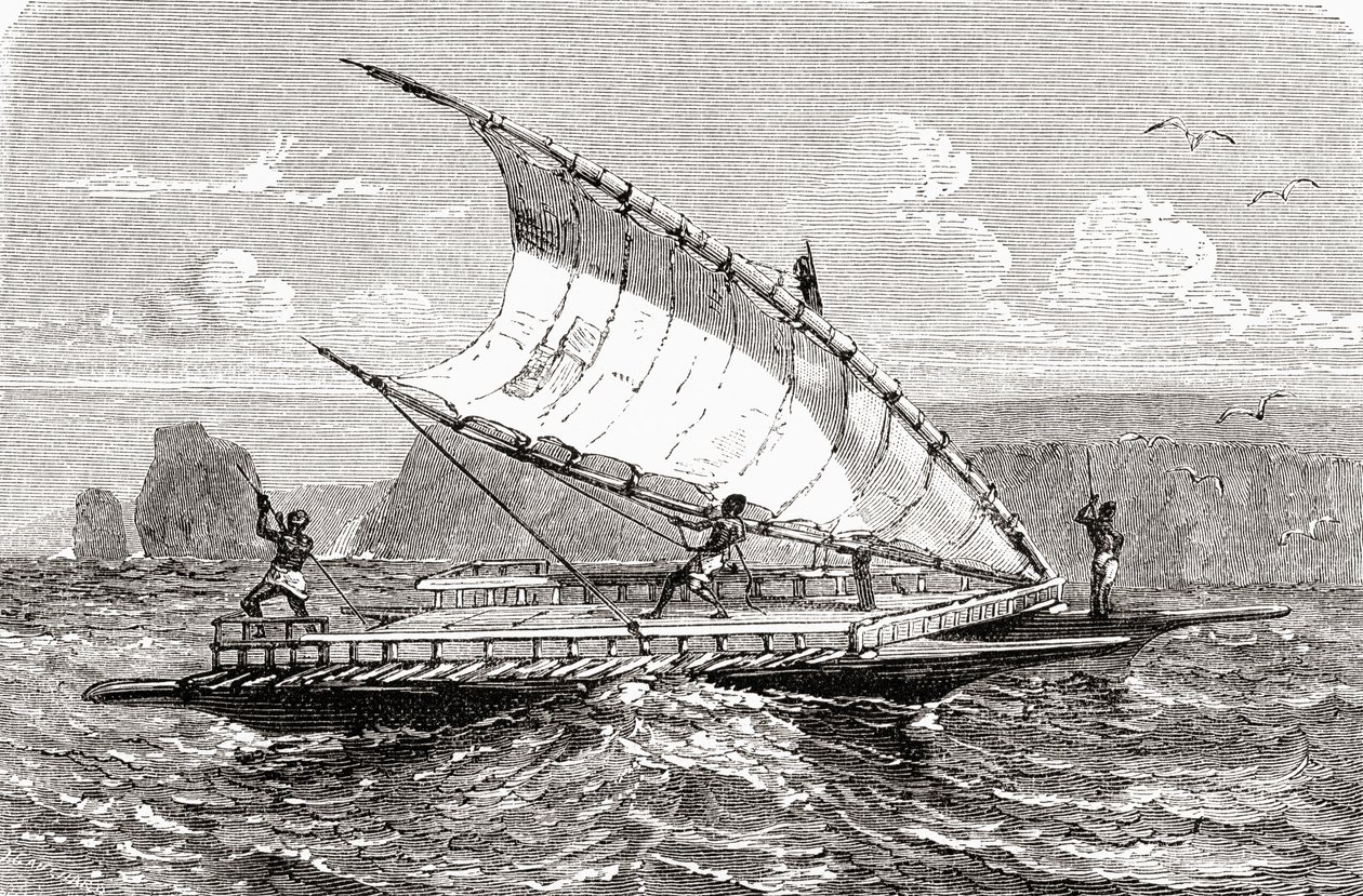 Canoa dupla da Nova Caledônia, de &39;El Mundo en la Mano&39;, publicada em 1878 de European School