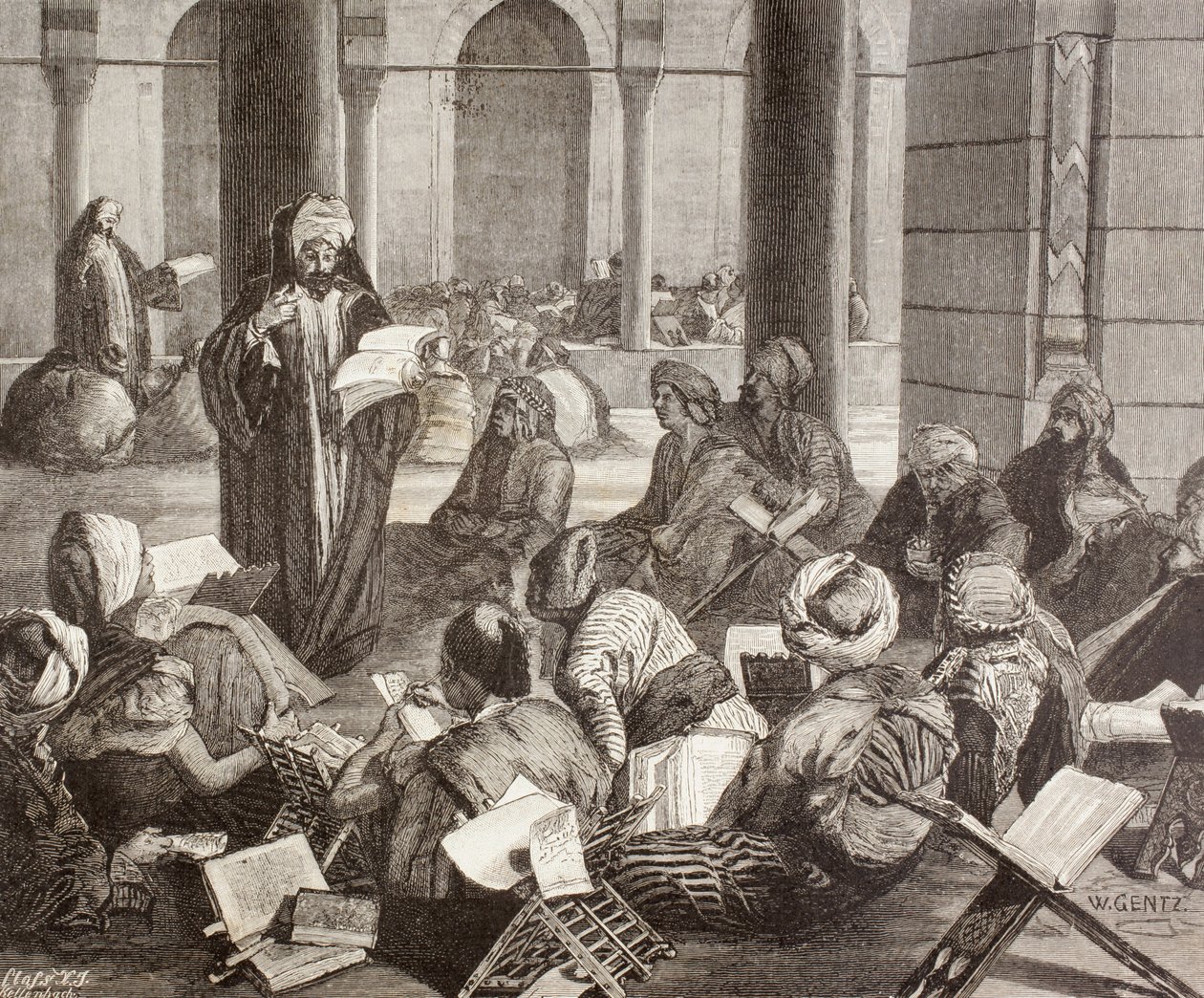 Professor lecionando na Universidade Al-Azhar, Cairo, no século 19, de "El Mundo Ilustrado", publicado em Barcelona, 1880 de European School