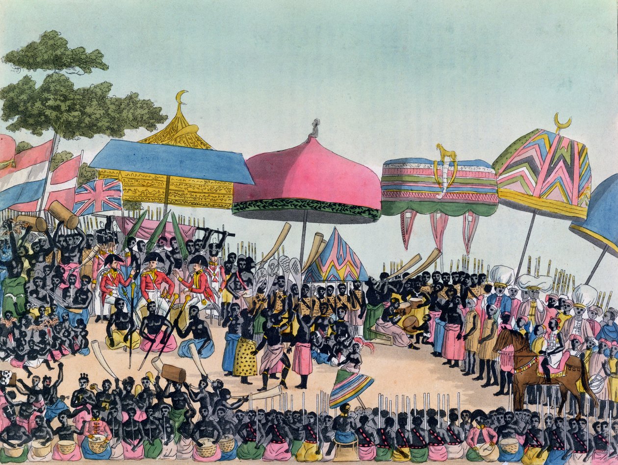 Recepção para o embaixador inglês realizada pelos Ashanti em Comassi, Gana, c.1818, gravado por A. Biasioli de European School
