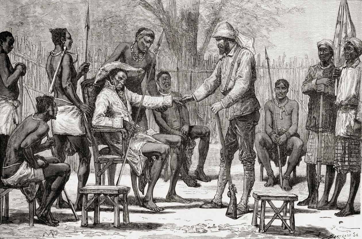 Verney Lovett Cameron visita o rei Konngo, 1878 (gravura em madeira) de European School