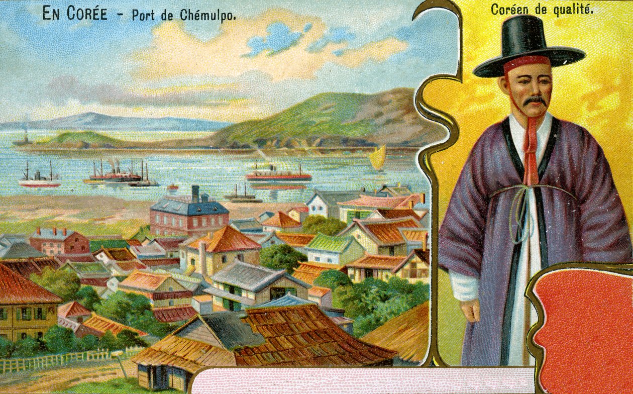 Um cavalheiro coreano em trajes tradicionais (hanbok) e chapéu (gat) e uma vista do porto de Chemulpo (Incheon), 1904 de European School