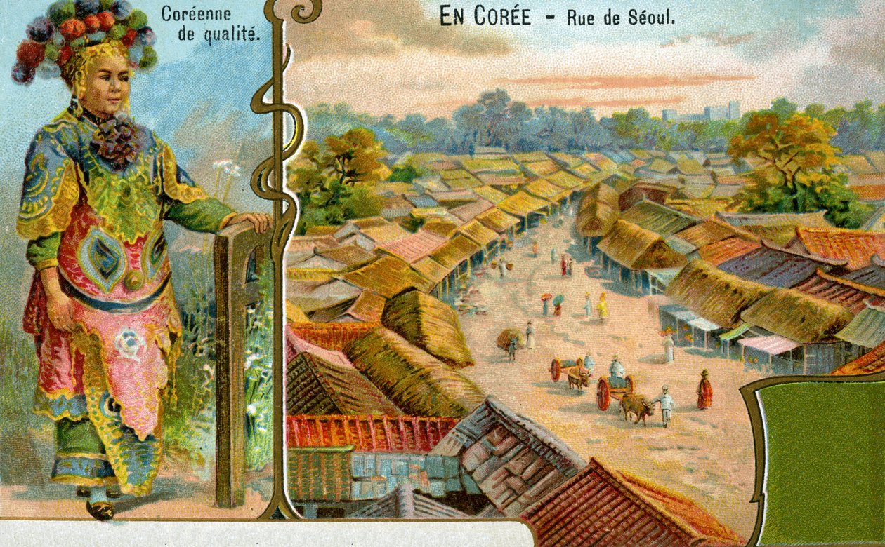 Uma senhora coreana no vestido tradicional e uma vista de uma rua em Seul, 1904 de European School