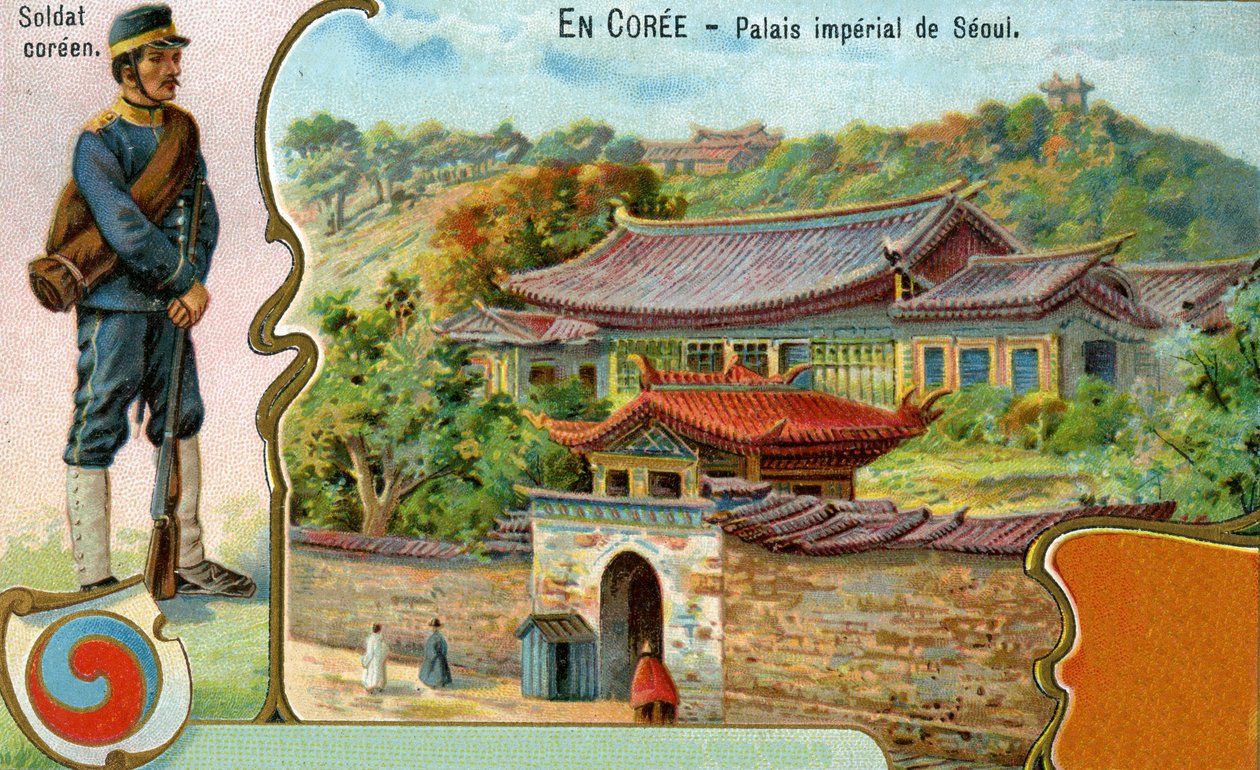 Um soldado coreano, o símbolo coreano do Taegeuk e uma vista do palácio imperial em Seul, 1904 de European School