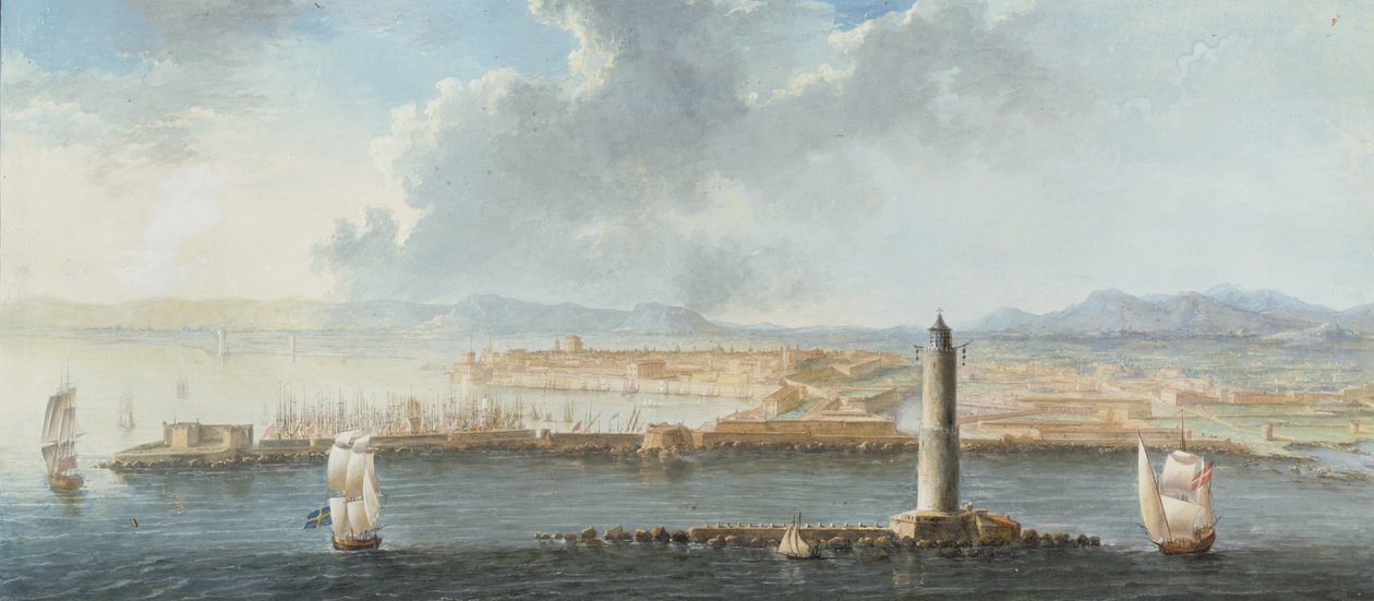 Uma vista de um porto do mar, provavelmente Livorno (caneta, tinta marrom e guache) de European School