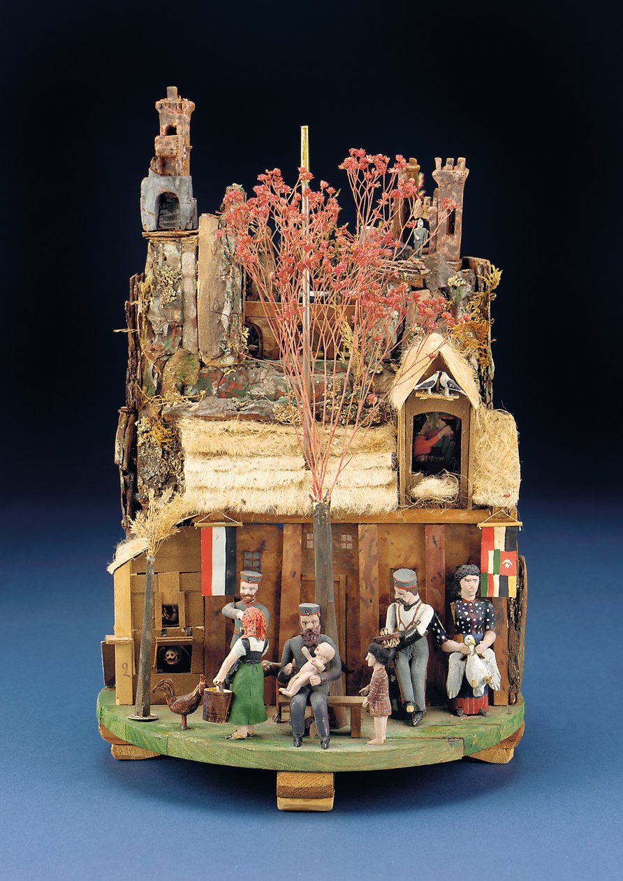Uma cena mecânica militar de soldados, as figuras de madeira fora de uma casa de palha, final do século 19 de European School