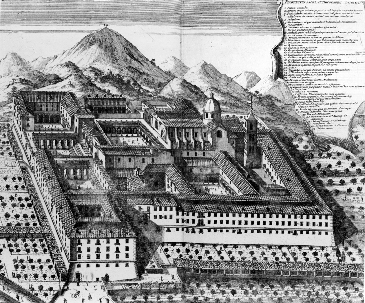 Vista aérea de Monte Cassino, Itália gravura) de European School