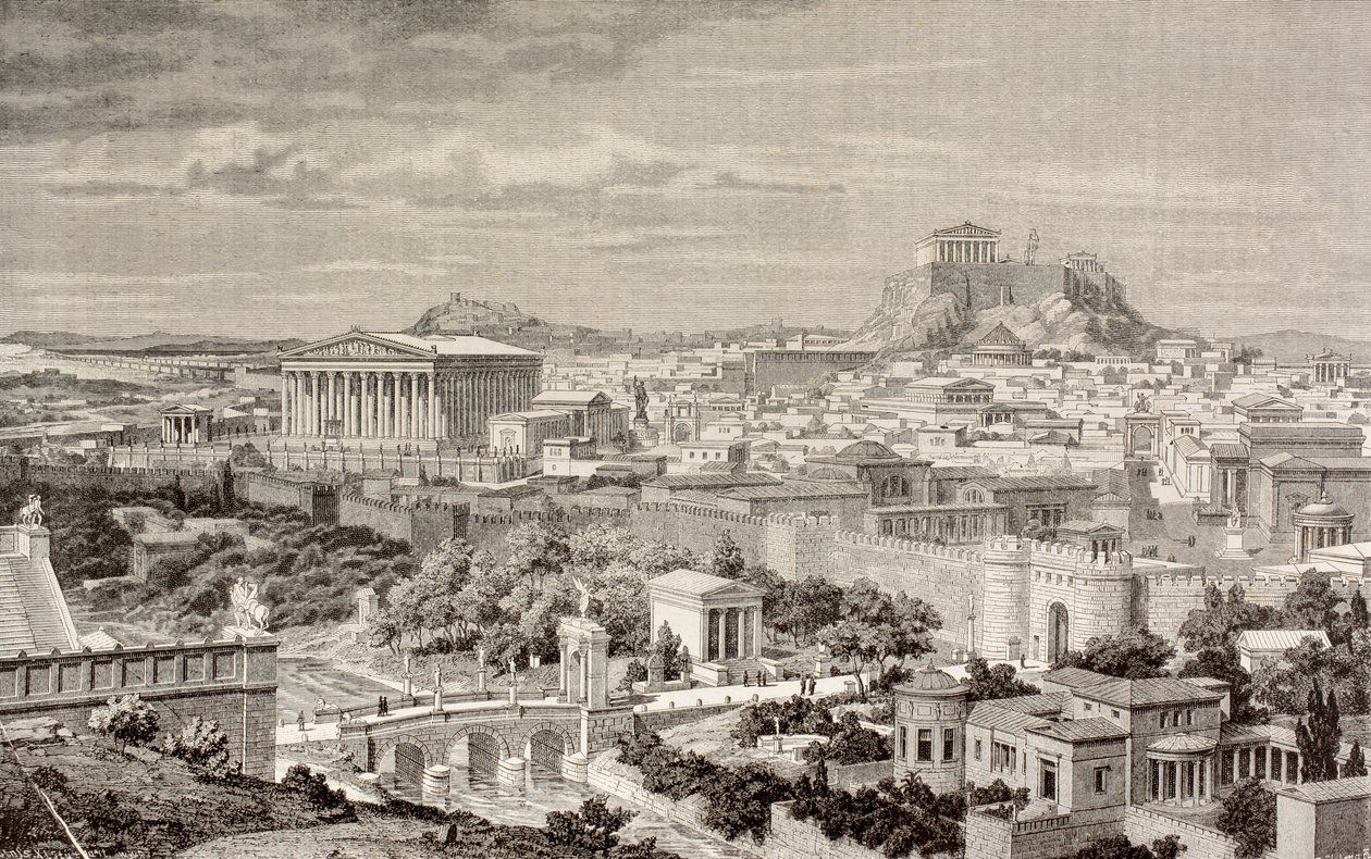 A impressão artística de Atenas, na época do Imperador Adriano, de "El Mundo Ilustrado", publicou Barcelona, 1880 de European School