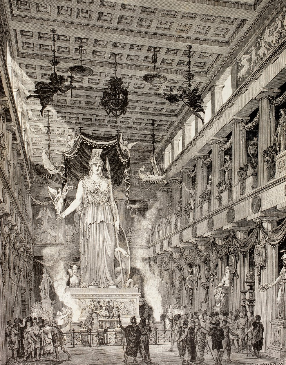 A impressão artística da estátua da deusa Atena no Parthenon, Atenas, durante o período clássico, de "El Mundo Ilustrado", publicado em Barcelona, 1880 (lito) de European School
