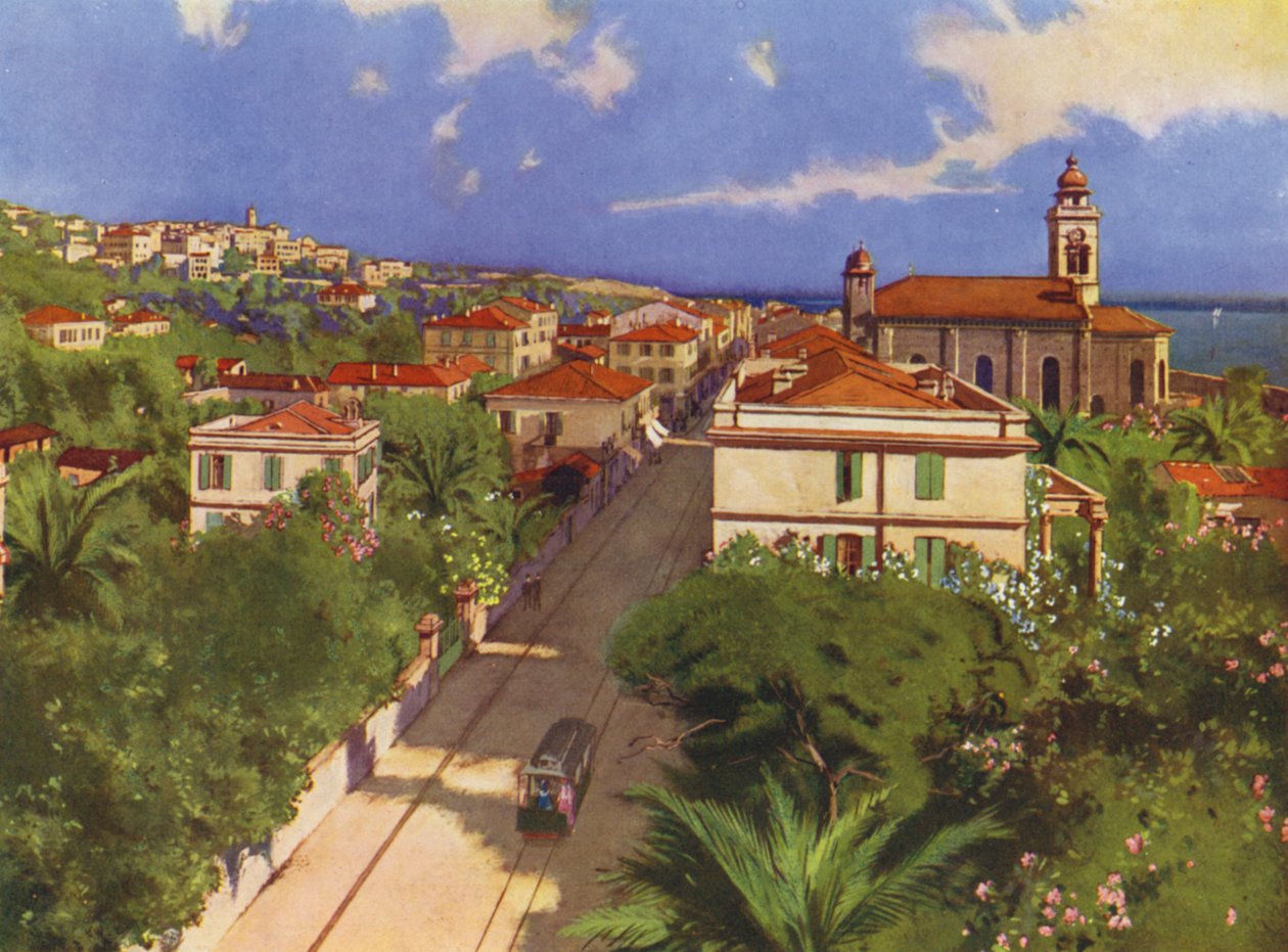 Bordighera, Via Vittorio Emmanuele e Vue Generale (litografia a cores) de European School