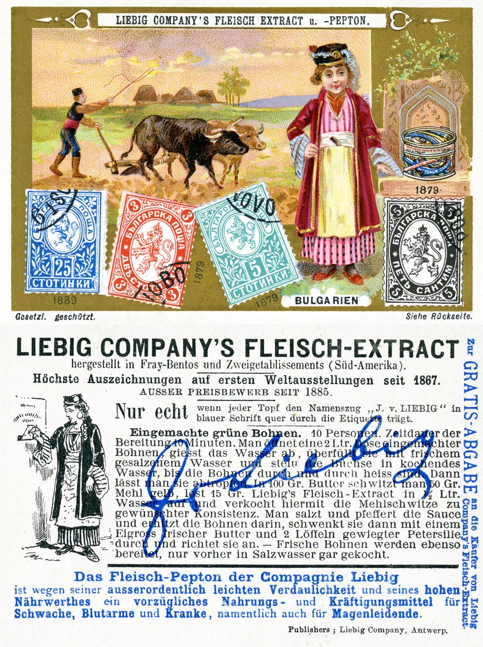 Selos postais búlgaros, frente e verso de um cartão promocional da Liebig, 1897 de European School