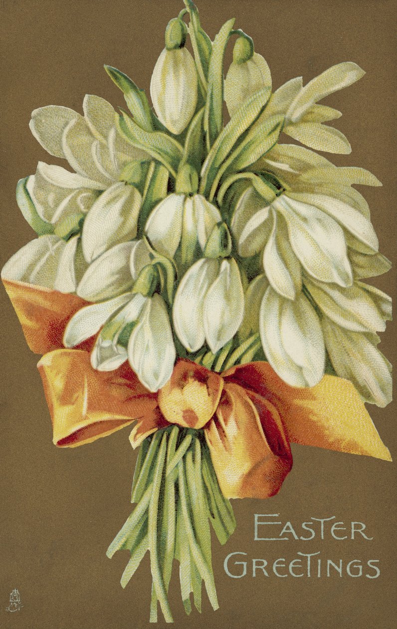 Grupo de snowdrops, saudações de Páscoa (litografia a cores) de European School