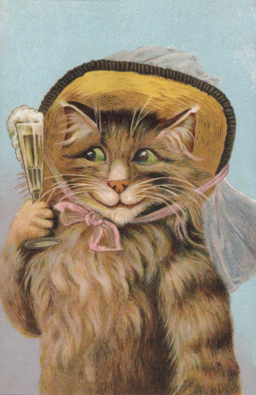 Gato com um chapéu e um copo de champanhe (cromolitografia) de European School