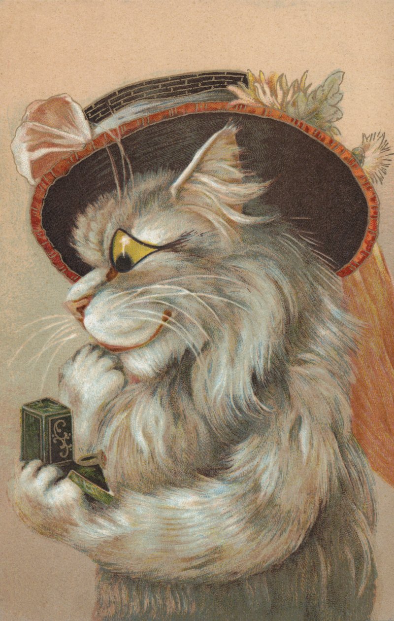 Gato com um chapéu e a olhar para um anel (cromolito) de European School