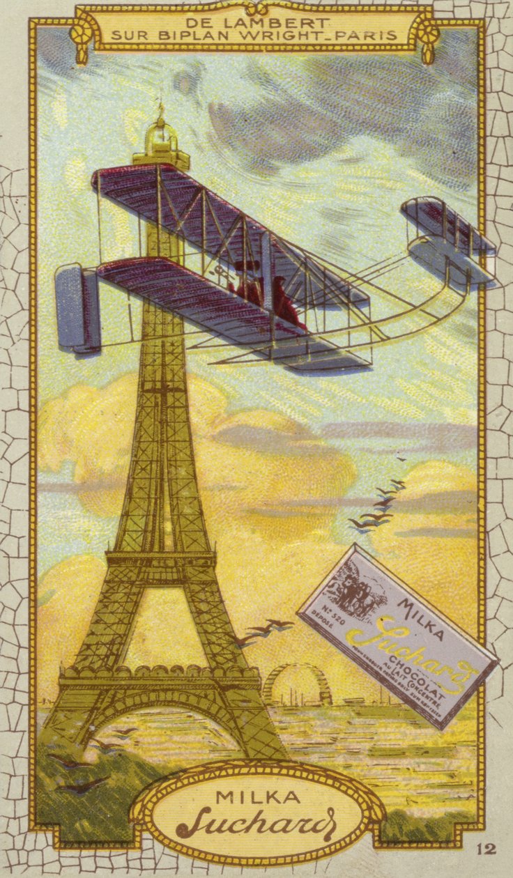 Charles de Lambert num biplano Wright, Paris (cromolitografia) de European School