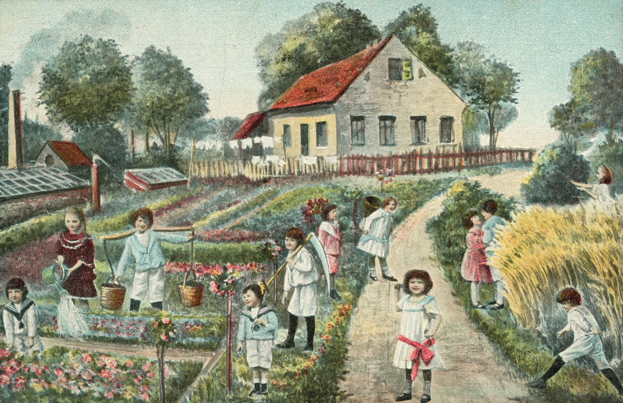 Crianças num jardim ou numa horta (litografia a cores) de European School