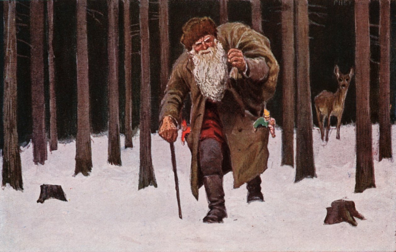 Cartão de Natal, o Pai Natal a caminhar na neve com um saco de presentes, veados ao fundo (litografia a cores) de European School