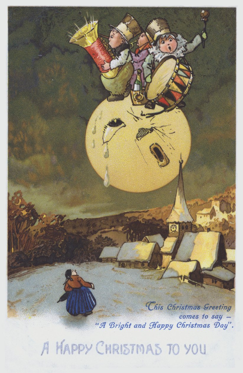 Cartão de felicitações de Natal representando um grupo de músicos na lua por cima de uma cidade com neve. (cromolito) de European School