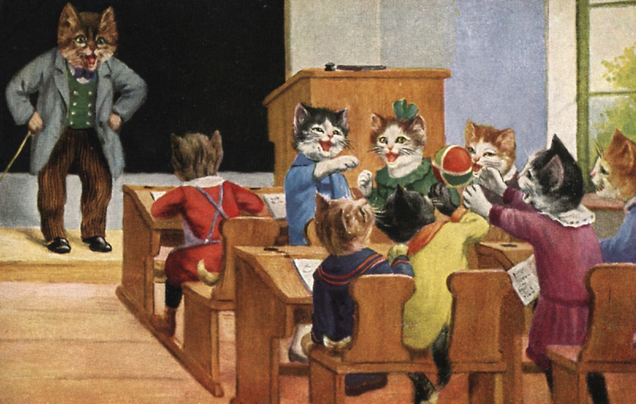 Sala de aula de gatos (litografia a cores) de European School