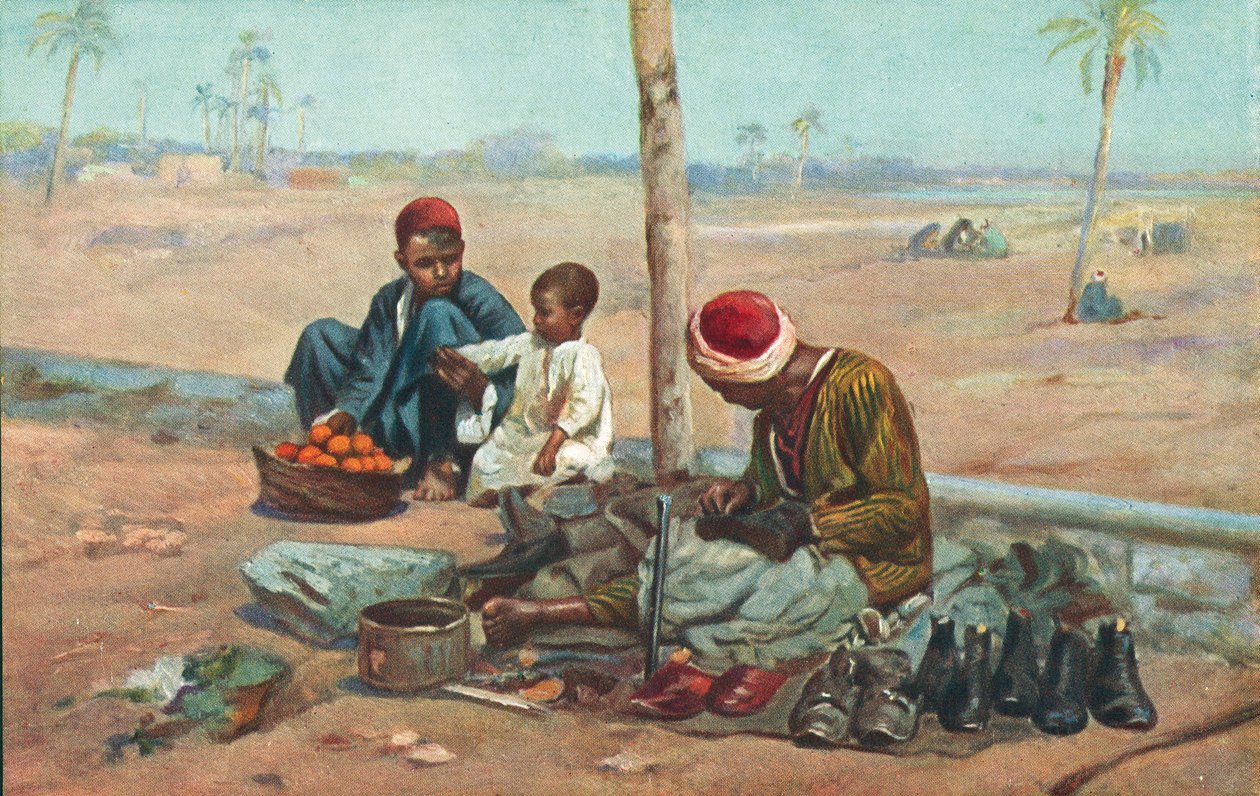 Sapateiro e crianças, Egito (litografia a cores) de European School