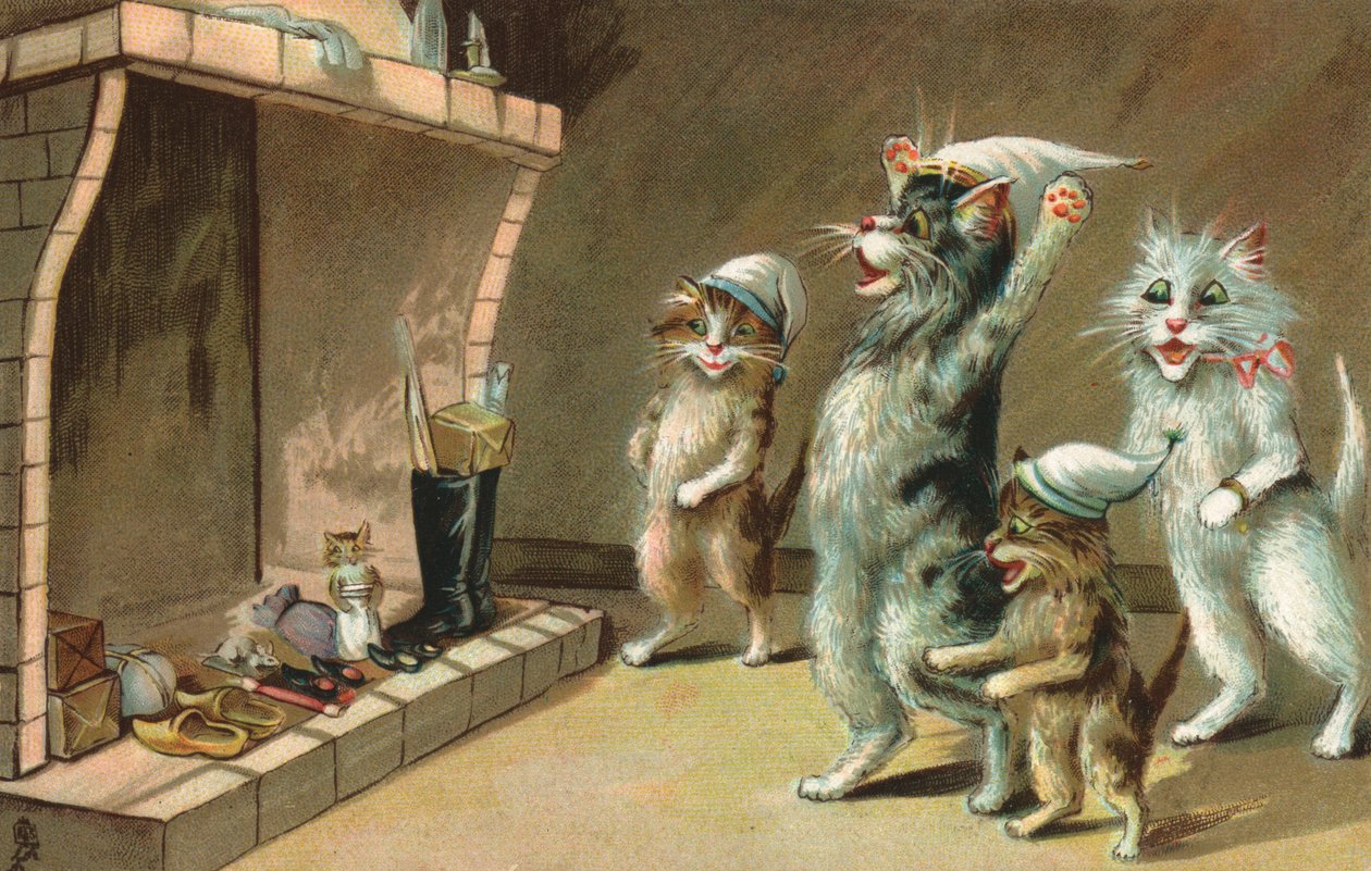 Gatos de banda desenhada, à espera dos seus presentes de Natal (litografia a cores) de European School