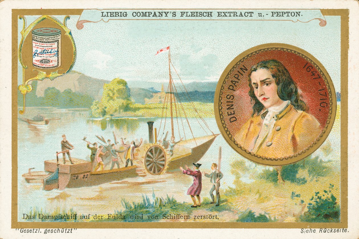 Denis Papin, cartão Liebig, início do século XX (cromo) de European School