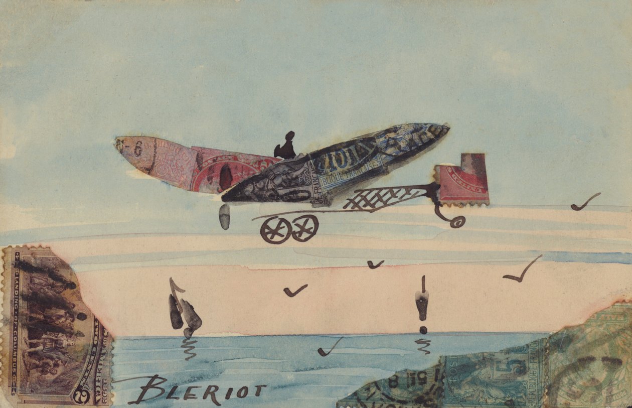 Representação de um monoplano concebido pelo aviador francês Louis Bleriot, o primeiro homem a sobrevoar o Canal da Mancha (litografia a cores) de European School