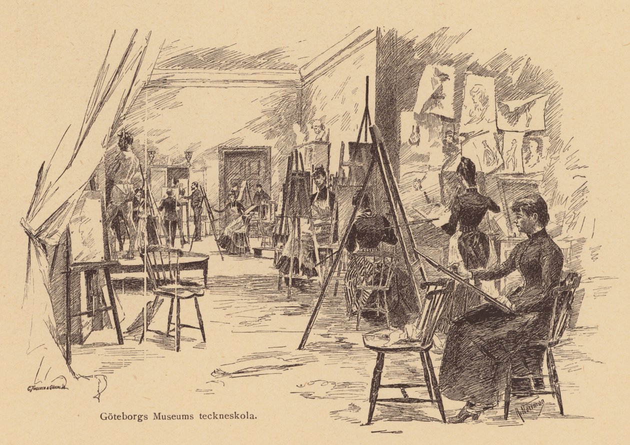 Aula de desenho no Museu de Gotemburgo, Suécia (gravura) de European School